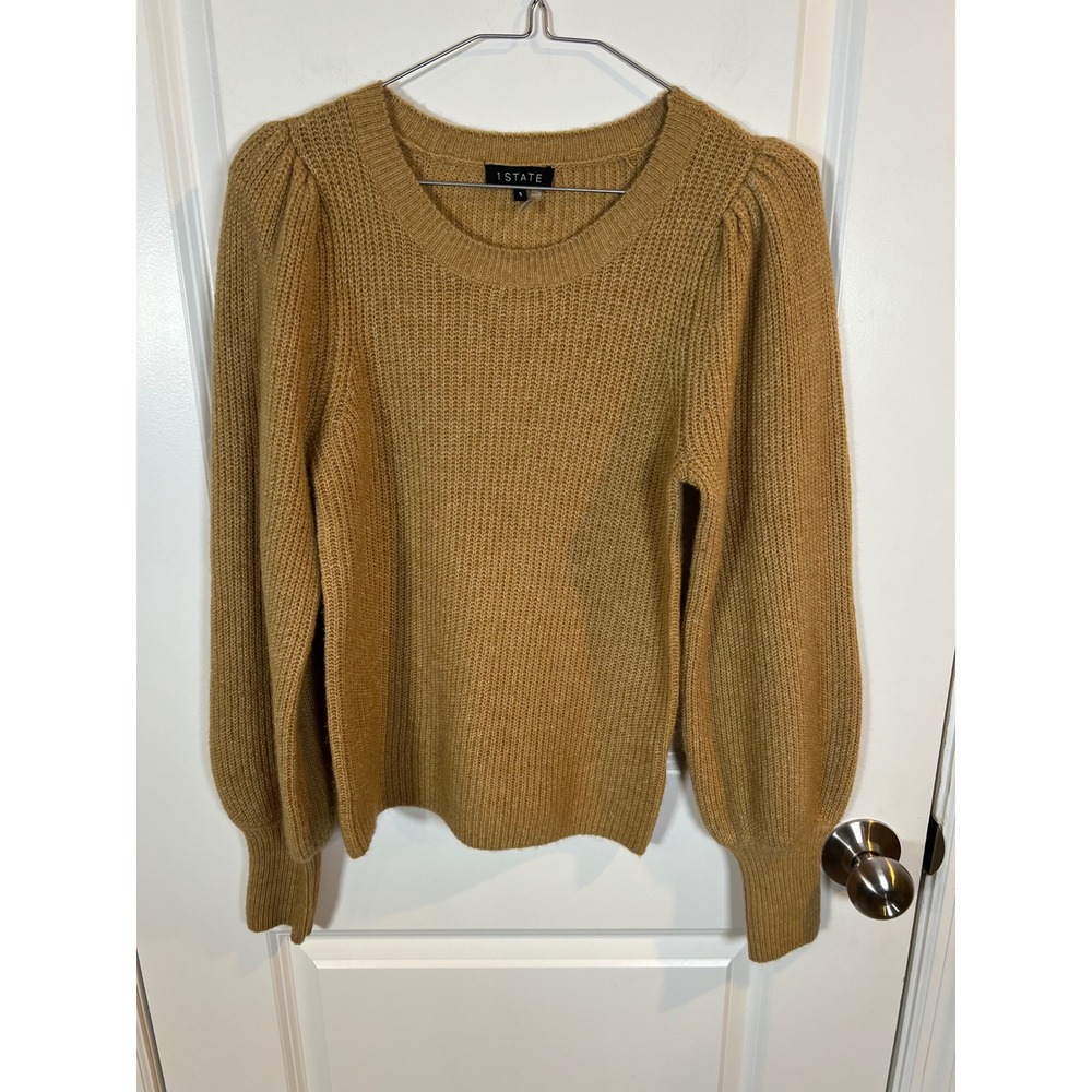 1.STATE Womens Sweater Puff Shoulder Balloon Sleeve Camel Brown Size S